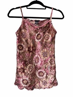 Vintage Y2K FANG Satin Floral Slip Spaghetti Strap Tank Top in Pink Brown Size L